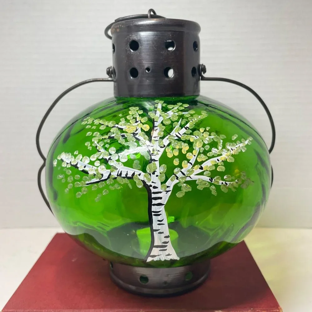 Hand-Painted Green Glass Lantern With Tree Design And Rustic Metal Top